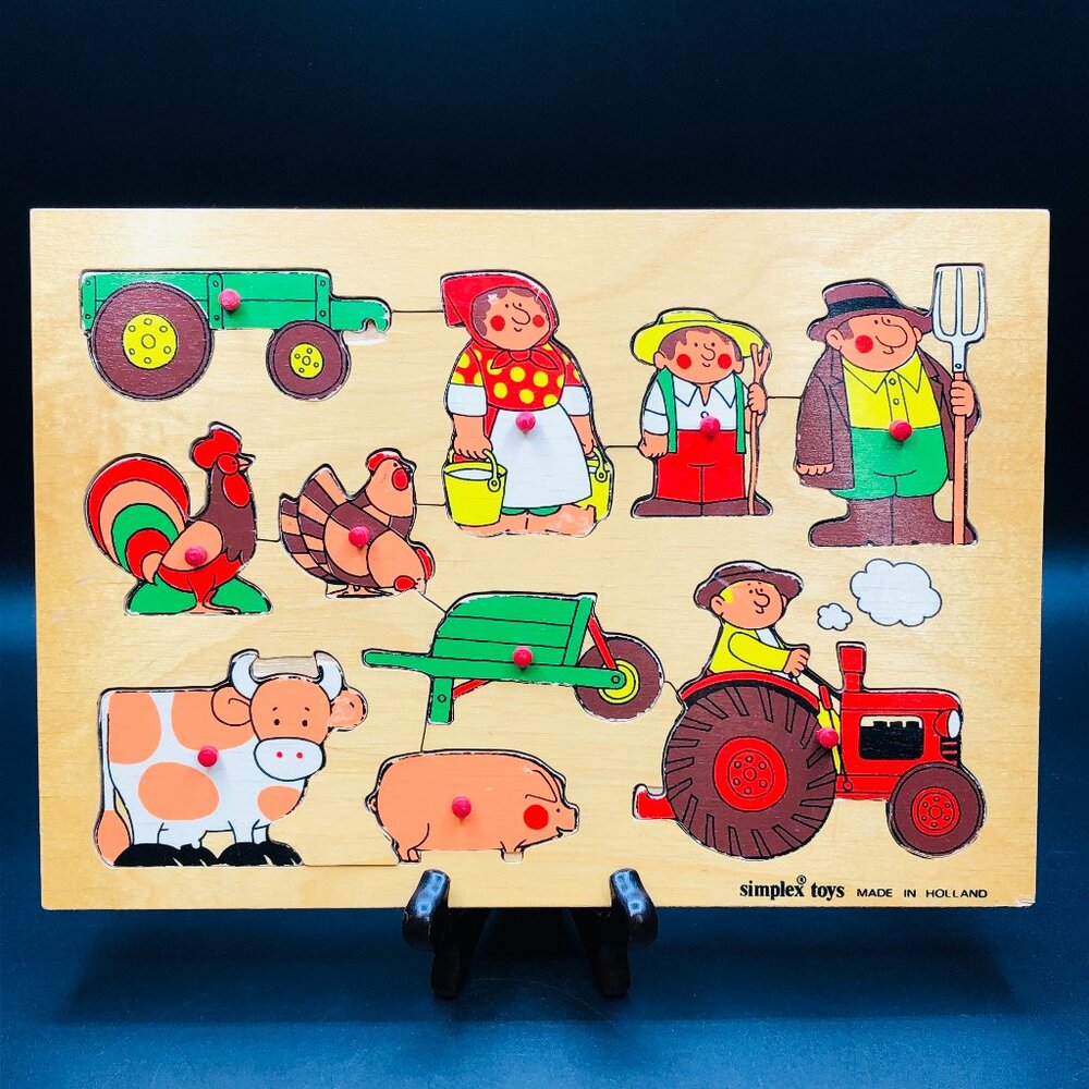 Vintage 70s SIMPLEX TOYS Wood Tray Puzzle: Farmer & Animals, Made in Holland